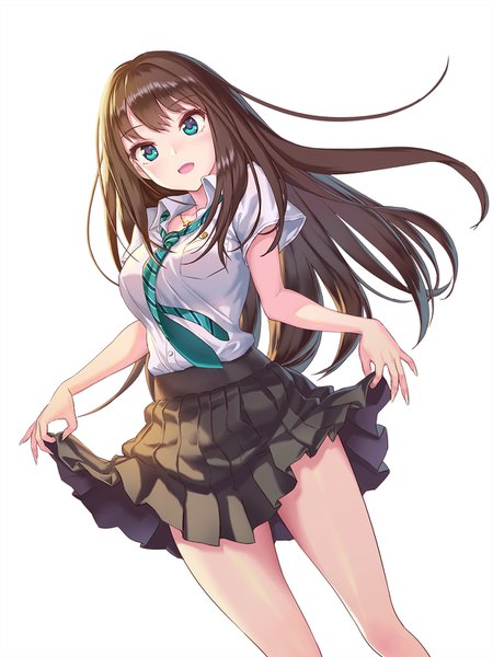 Anime picture 1125x1500 with idolmaster idolmaster cinderella girls shibuya rin hhama single long hair tall image looking at viewer blush fringe breasts open mouth simple background smile brown hair standing white background holding head tilt pleated skirt