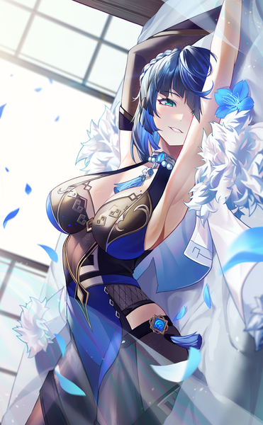 Anime picture 1500x2424 with genshin impact yelan (genshin impact) nunsori single tall image looking at viewer fringe short hair breasts light erotic smile large breasts blue hair cleavage indoors lying braid (braids) parted lips aqua eyes sunlight