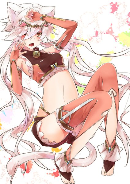 Anime picture 868x1228 with original sakuragi ren single long hair tall image looking at viewer blush fringe highres breasts open mouth twintails brown eyes animal ears silver hair tail animal tail one eye closed wink cat ears