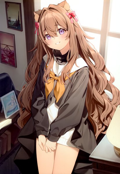 Anime picture 2403x3481 with original nyum single long hair tall image looking at viewer blush fringe highres smile hair between eyes brown hair standing purple eyes animal ears indoors long sleeves parted lips head tilt from above
