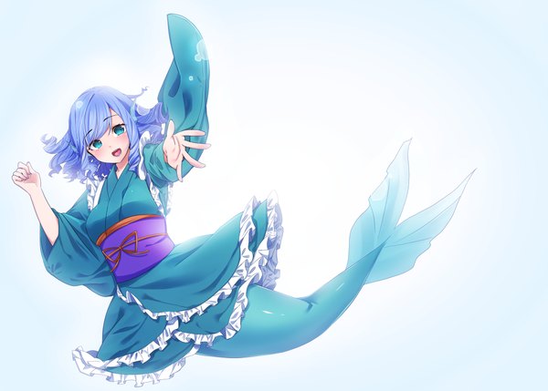 Anime picture 3745x2680 with touhou wakasagihime yukina (masyumaro610) single looking at viewer blush highres open mouth blue eyes blue hair absurdres full body traditional clothes japanese clothes wide sleeves drill hair outstretched hand backlighting monster girl girl