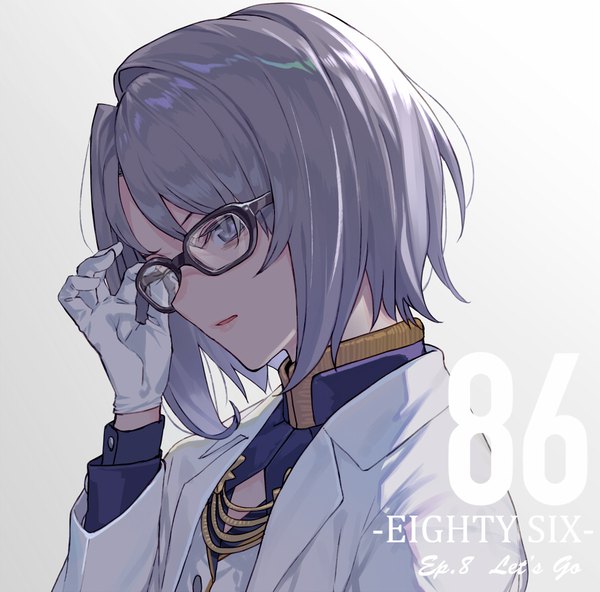 Anime picture 872x860 with 86 -eightysix- henrietta penrose shirabi single short hair simple background silver hair upper body grey background copyright name looking down silver eyes adjusting glasses girl gloves glasses white gloves