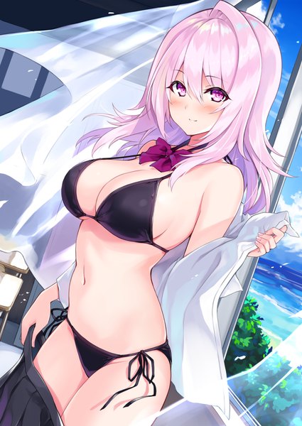Anime picture 708x1000 with cu-no yayoi sakura hisenkaede single long hair tall image looking at viewer blush fringe breasts light erotic smile hair between eyes large breasts standing purple eyes payot pink hair sky cleavage