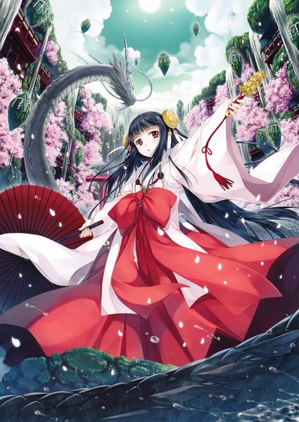 Anime picture 2171x3067 with original eshi 100-nin ten hagure keg single long hair tall image highres black hair red eyes sky cloud (clouds) traditional clothes japanese clothes cherry blossoms miko girl hair ornament flower (flowers) petals umbrella