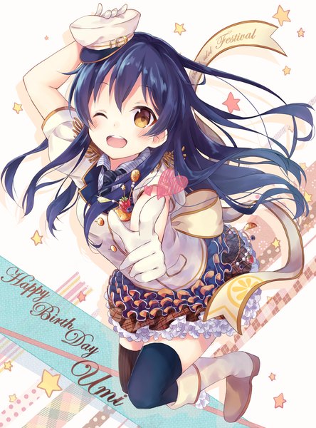 Anime picture 1024x1381 with love live! school idol project sunrise (studio) love live! sonoda umi nonono (nononotea) single long hair tall image blush open mouth smile brown eyes blue hair one eye closed wink floating hair different thighhighs pointing at viewer girl thighhighs