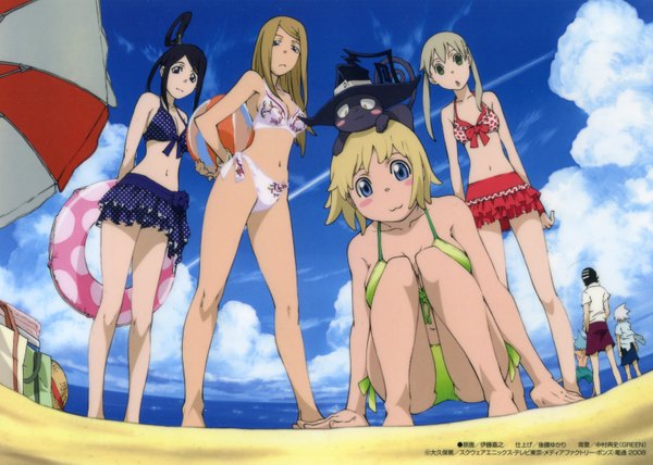 Anime picture 2973x2125 with soul eater studio bones maka albarn nakatsukasa tsubaki elizabeth thompson patricia thompson highres beach :3 spiked hair swimsuit bikini