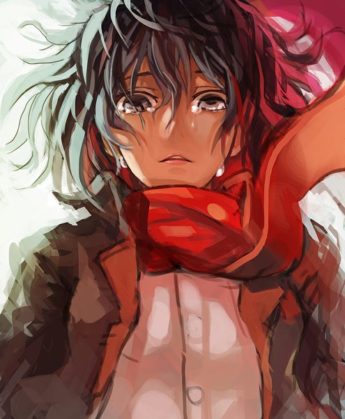 Anime picture 827x1001 with shingeki no kyojin production i.g mikasa ackerman madyy single tall image looking at viewer short hair black hair wind black eyes tears crying girl scarf red scarf