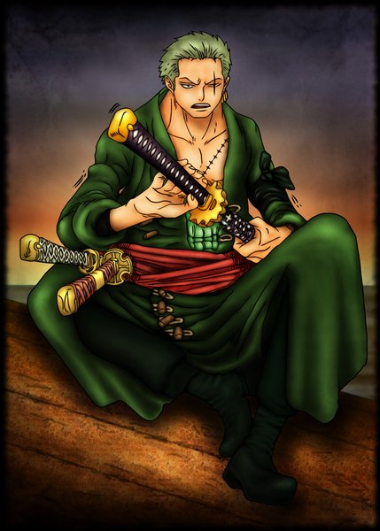 Anime picture 1045x1460 with one piece toei animation roronoa zoro tall image open mouth green hair scar framed boy weapon sword belt katana
