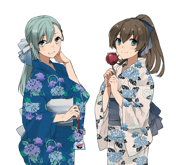 Anime picture 900x842 with kantai collection suzuya heavy cruiser kumano heavy cruiser hita (hitapita) long hair looking at viewer blush simple background smile brown hair white background multiple girls ponytail traditional clothes japanese clothes aqua eyes aqua hair grey eyes alternate costume floral print
