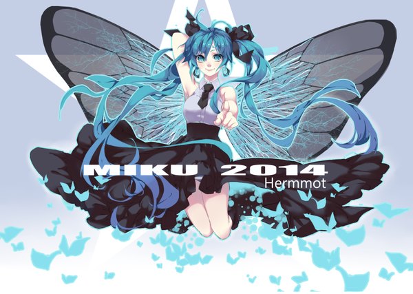 Anime picture 3507x2500 with vocaloid hatsune miku kurumi (recycllamo) single looking at viewer highres smile twintails bare shoulders absurdres ahoge very long hair aqua eyes aqua hair pantyshot character names outstretched arm arm behind head jumping pointing