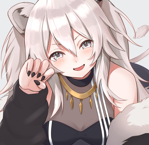 Anime picture 2350x2282 with virtual youtuber hololive shishiro botan shishiro botan (1st costume) appo (36786257) single long hair looking at viewer blush fringe highres open mouth simple background hair between eyes animal ears silver hair tail nail polish head tilt :d