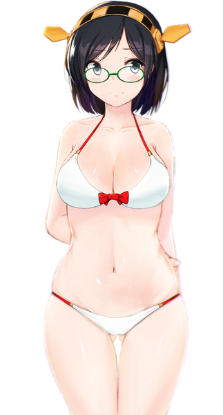 Anime picture 1000x1858 with kantai collection kirishima battleship nuclear warhead (anti) single tall image blush short hair breasts blue eyes light erotic black hair simple background white background bare shoulders looking away cleavage shiny skin hands behind back girl navel