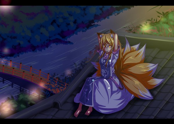 Anime picture 1400x1000 with touhou yakumo ran single long hair blonde hair yellow eyes barefoot fox ears mouth hold fox tail fox girl multiple tails river girl dress