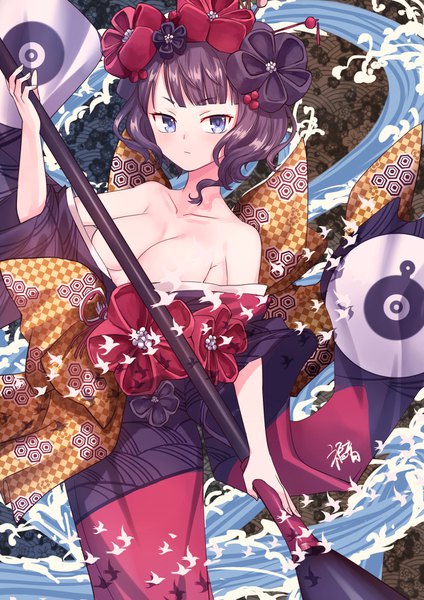 Anime picture 1200x1697 with fate (series) fate/grand order katsushika hokusai (fate/grand order) gogatsu fukuin single tall image looking at viewer fringe short hair breasts blue eyes light erotic large breasts standing bare shoulders holding cleavage purple hair blunt bangs traditional clothes