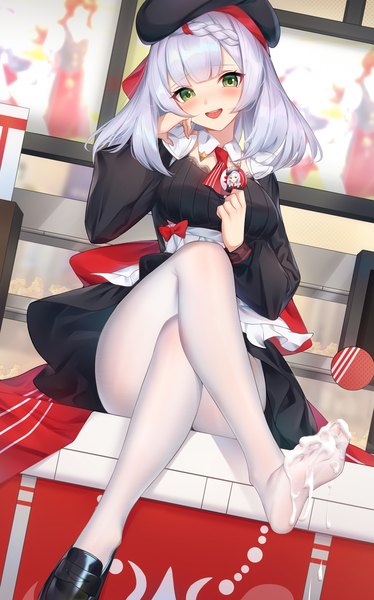 Anime picture 2800x4494 with genshin impact noelle (genshin impact) noelle (kfc) (genshin impact) wu ganlan cai single long hair tall image looking at viewer blush fringe highres breasts open mouth light erotic smile sitting green eyes silver hair full body bent knee (knees)