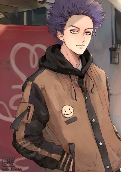 Anime picture 640x905 with boku no hero academia studio bones shinsou hitoshi 1o8k single tall image looking at viewer short hair purple eyes signed purple hair upper body outdoors hands in pockets boy jacket hood hoodie