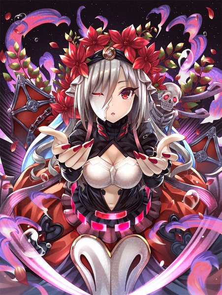 Anime picture 1203x1600 with idolmaster idolmaster cinderella girls granblue fantasy kanzaki ranko death (granblue fantasy) urabi (tomatohouse) single long hair tall image looking at viewer blush fringe breasts open mouth simple background hair between eyes red eyes cleavage nail polish fingernails