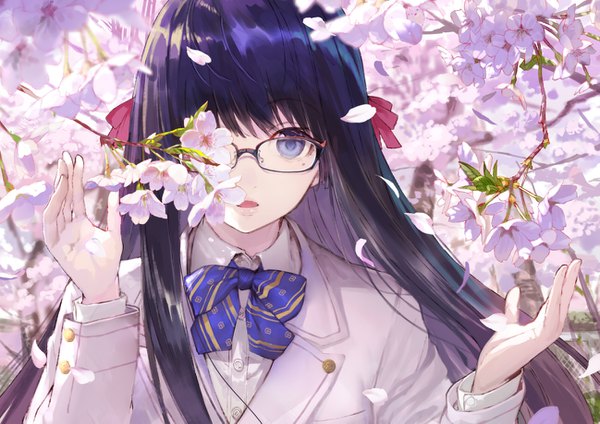 Anime picture 1298x919 with original shirabi single long hair looking at viewer fringe open mouth black hair upper body outdoors wind sunlight mole mole under eye cherry blossoms covering eye (eyes) girl uniform ribbon (ribbons) hair ribbon