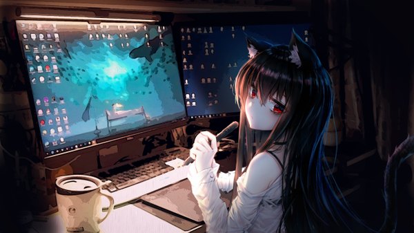 Anime picture 2500x1407 with original xing single long hair looking at viewer fringe highres black hair hair between eyes red eyes wide image holding animal ears upper body indoors tail animal tail looking back cat ears off shoulder
