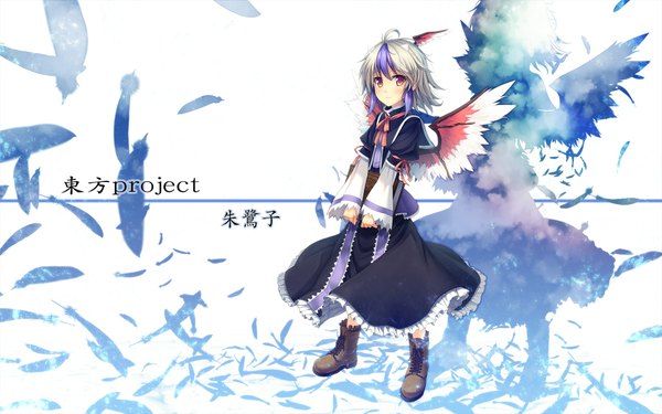 Anime picture 1920x1200 with touhou kaiho highres red eyes wide image white hair shadow girl wings boots feather (feathers)