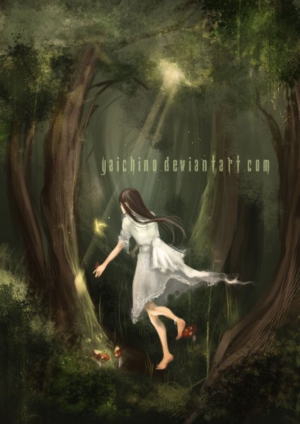 Anime picture 1767x2500 with original yaichino (artist) long hair tall image highres brown hair signed barefoot from behind running fairy girl dress plant (plants) tree (trees) white dress forest mushroom (mushrooms)