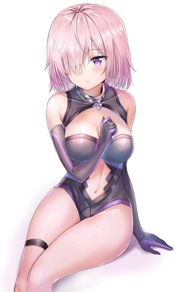 Anime picture 1920x3069 with fate (series) fate/grand order mash kyrielight nyung single tall image looking at viewer blush fringe highres short hair breasts light erotic simple background large breasts white background sitting purple eyes bare shoulders pink hair