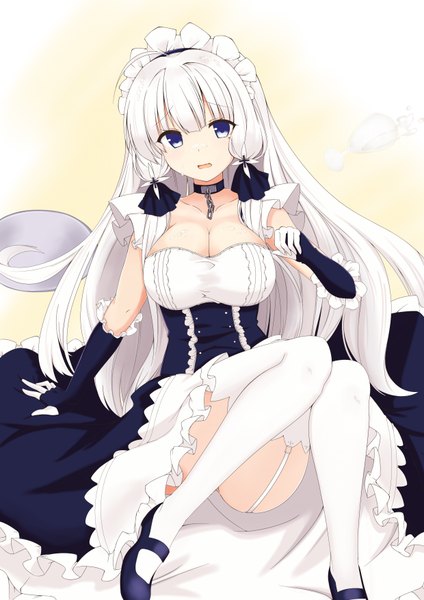 Anime picture 2480x3508 with azur lane illustrious (azur lane) mamizu single long hair tall image looking at viewer fringe highres breasts open mouth blue eyes light erotic simple background hair between eyes large breasts sitting cleavage full body ahoge