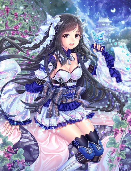 Anime picture 1300x1700 with original unohanatei single long hair tall image looking at viewer fringe breasts black hair brown eyes sky cloud (clouds) traditional clothes japanese clothes glowing happy girl thighhighs hair ornament flower (flowers)