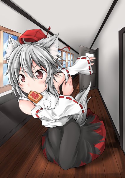 Anime picture 1061x1500 with touhou inubashiri momiji ebi senbei (artist) single tall image blush short hair red eyes bare shoulders japanese clothes animal tail grey hair mouth hold running girl hat detached sleeves window door