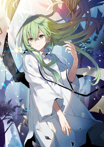Anime picture 672x950 with fate (series) fate/grand order enkidu (fate) eihi single long hair tall image looking at viewer fringe hair between eyes standing green eyes green hair light smile wide sleeves floating hair androgynous boy