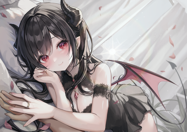 Anime picture 6167x4360 with original kudou (sikisiki0000) long hair looking at viewer blush fringe highres breasts black hair smile red eyes absurdres indoors tail lying horn (horns) pointy ears dutch angle holding hands on side