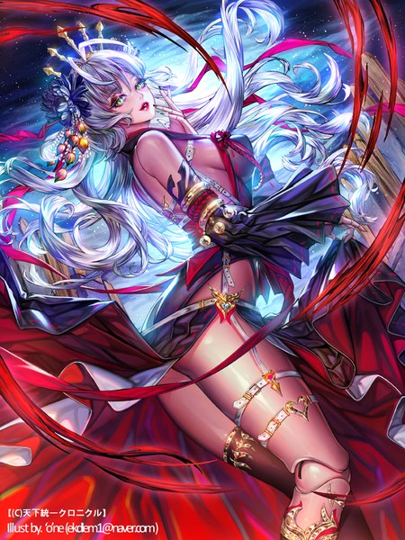 Anime picture 700x933 with tenka touitsu chronicle 'o'ne (ekdlem1) single long hair tall image looking at viewer breasts light erotic large breasts bare shoulders green eyes signed silver hair nail polish fingernails lips official art lipstick sideboob eyeshadow