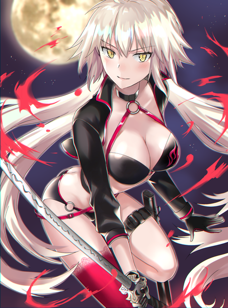 Anime picture 1192x1603 with fate (series) fate/grand order jeanne d'arc (fate) (all) jeanne d'arc alter (fate) niwata0 single long hair tall image looking at viewer blush fringe breasts light erotic hair between eyes large breasts standing holding yellow eyes cleavage silver hair