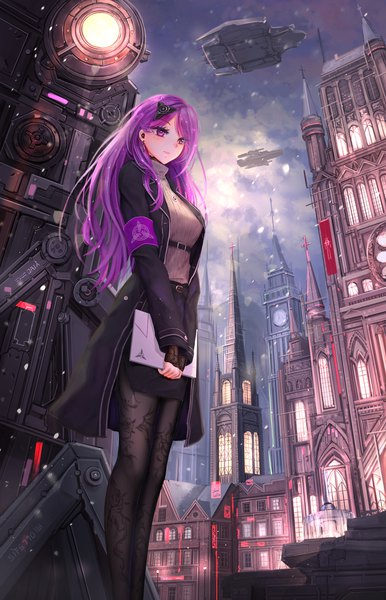 Anime picture 1287x2000 with original yuzuriha (artist) single long hair tall image blush fringe standing purple eyes holding looking away sky purple hair outdoors long sleeves light smile mole open clothes from below mole under eye