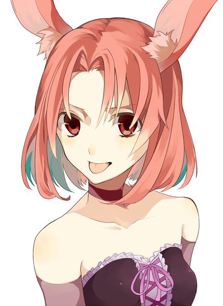Anime picture 729x1000 with original chisumi single tall image looking at viewer short hair open mouth simple background red eyes white background bare shoulders animal ears pink hair bunny ears portrait girl tongue