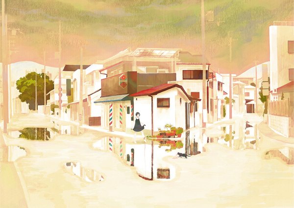 Аниме картинка 1063x752 с оригинальное изображение kumaori jun один (одна) босиком город девушка платье растение (растения) животное дерево (деревья) вода чёрное платье кот (кошка) сарафан