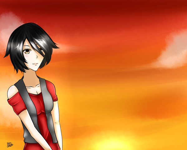 Anime picture 1280x1024 with vocaloid clara (vocaloid) single highres short hair black hair yellow eyes orange background girl
