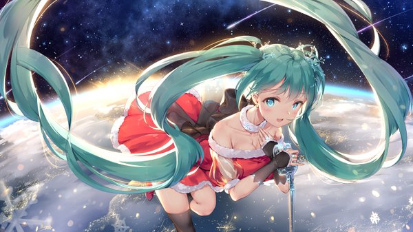 Anime-Bild 2666x1500 mit vocaloid hatsune miku maya g single highres blue eyes wide image twintails very long hair from above aqua hair fur trim floating hair hand on chest christmas space shooting star girl hair ornament fur