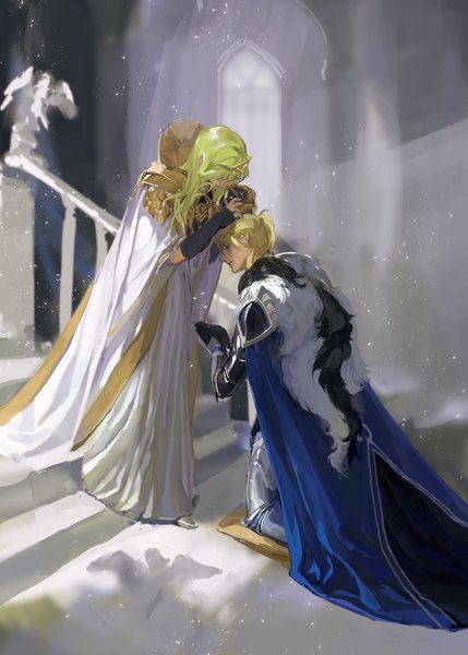 Anime picture 2928x4096 with fire emblem fire emblem: three houses nintendo byleth (fire emblem) dimitri alexandre blaiddyd byleth (female) (fire emblem) enlightened byleth (female) disteeee long hair tall image highres short hair blonde hair standing full body eyes closed green hair kneeling hands clasped girl