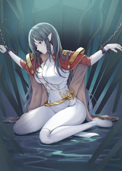 Anime picture 1463x2048 with maplestory adele (maplestory) g home single long hair tall image blush fringe breasts sitting payot full body parted lips pointy ears grey hair grey eyes partially submerged wariza looking down restrained