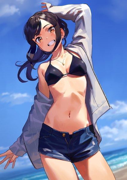 Anime picture 1200x1694 with original kinta (distortion) single long hair tall image looking at viewer blush fringe light erotic black hair smile standing sky cloud (clouds) outdoors ponytail head tilt arm up wind blurry