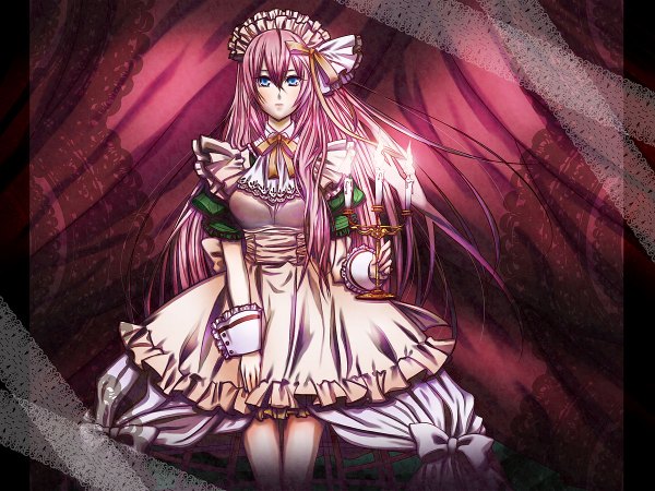 Anime picture 1200x900 with vocaloid megurine luka long hair blue eyes pink hair girl dress neckerchief candle (candles)
