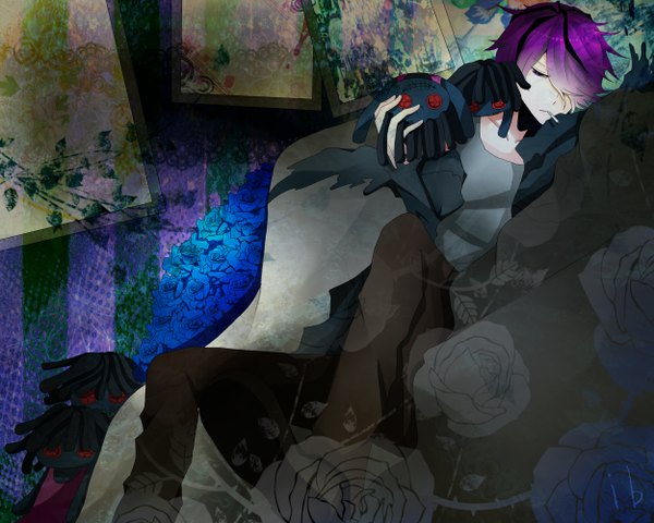 イラスト 2500x2000 と ib (game) ギャリー 前髪 highres 短い髪 紫目 purple hair 片目隠れ smoking 男性 コート シガレット 人形