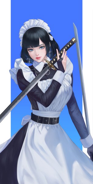 Anime picture 3076x6047 with original reallumen single tall image looking at viewer fringe highres short hair blue eyes black hair simple background standing holding absurdres blunt bangs long sleeves lips maid puffy sleeves blue background
