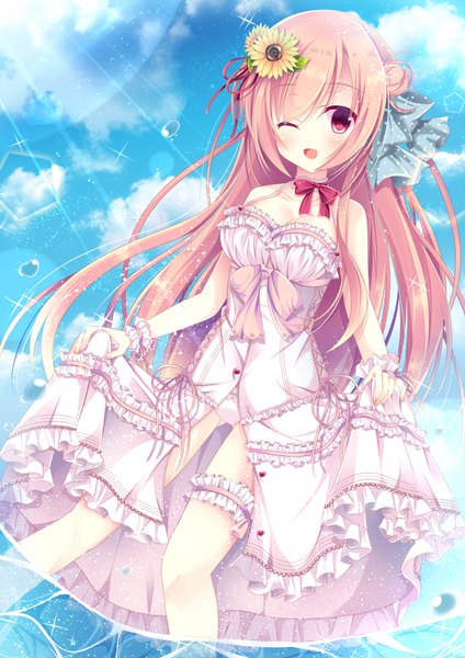 Anime picture 650x919 with original moe2018 mizuse sakua single long hair tall image looking at viewer open mouth light erotic pink hair sky cloud (clouds) one eye closed pink eyes hair flower wink sparkle hair bun (hair buns) partially submerged lens flare