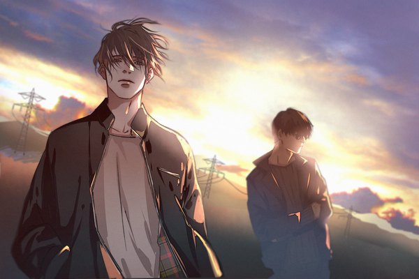 Anime picture 1000x667 with original saito yukihiro looking at viewer fringe short hair blue eyes black hair hair between eyes brown hair standing sky cloud (clouds) upper body outdoors profile wind open jacket multiple boys dutch angle evening