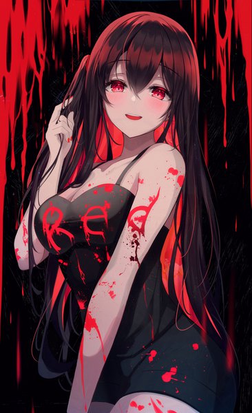 Anime-Bild 1831x3000 mit original gongha single long hair tall image looking at viewer blush fringe highres breasts open mouth black hair simple background smile hair between eyes red eyes standing bare shoulders cleavage red hair