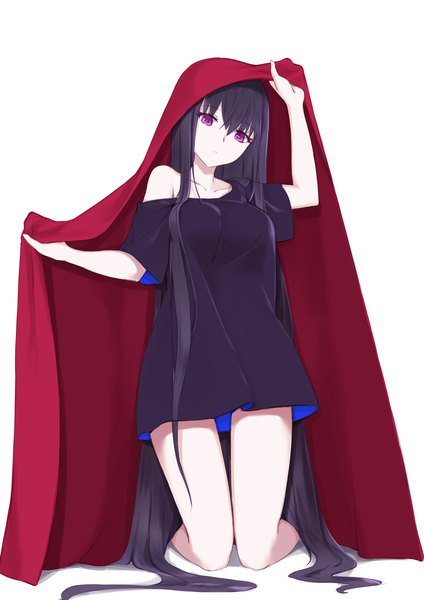 Anime picture 1228x1736 with fate (series) fate/grand order murasaki shikibu (fate) jilu single tall image looking at viewer fringe breasts light erotic black hair simple background hair between eyes white background purple eyes full body bent knee (knees) very long hair head tilt off shoulder