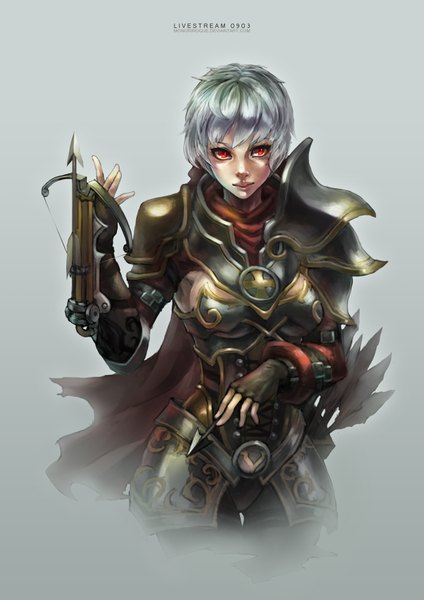 Anime picture 2480x3508 with league of legends riven (league of legends) vayne (league of legends) monori rogue single tall image looking at viewer highres short hair simple background red eyes silver hair lips girl gloves weapon armor fingerless gloves crossbow