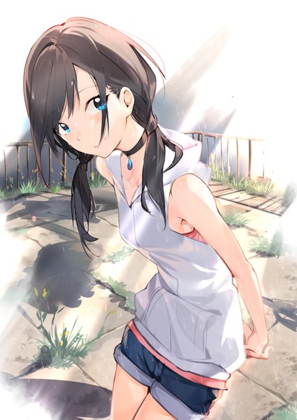Anime picture 2150x3035 with tenki no ko amano hina (tenki no ko) aida (chinhung0612) single long hair tall image looking at viewer blush fringe highres breasts blue eyes smile hair between eyes brown hair standing twintails bare shoulders outdoors head tilt